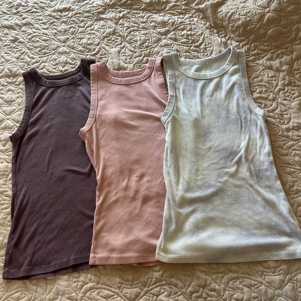 A New Day Fitted Ribbed Tank Tops in tie dye, purple and Pink